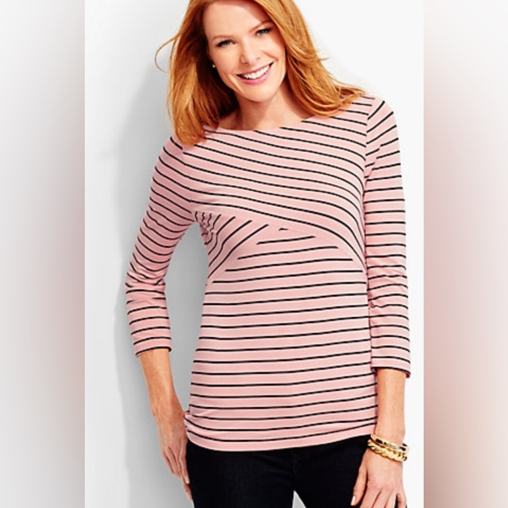 NWT-Talbots Pink and Black Striped 3/4 Sleeve Top Petite Small